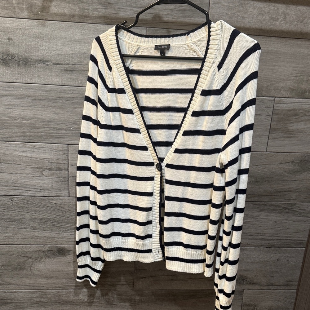 Talbots Cream and Black Striped V-Neck Cardigan